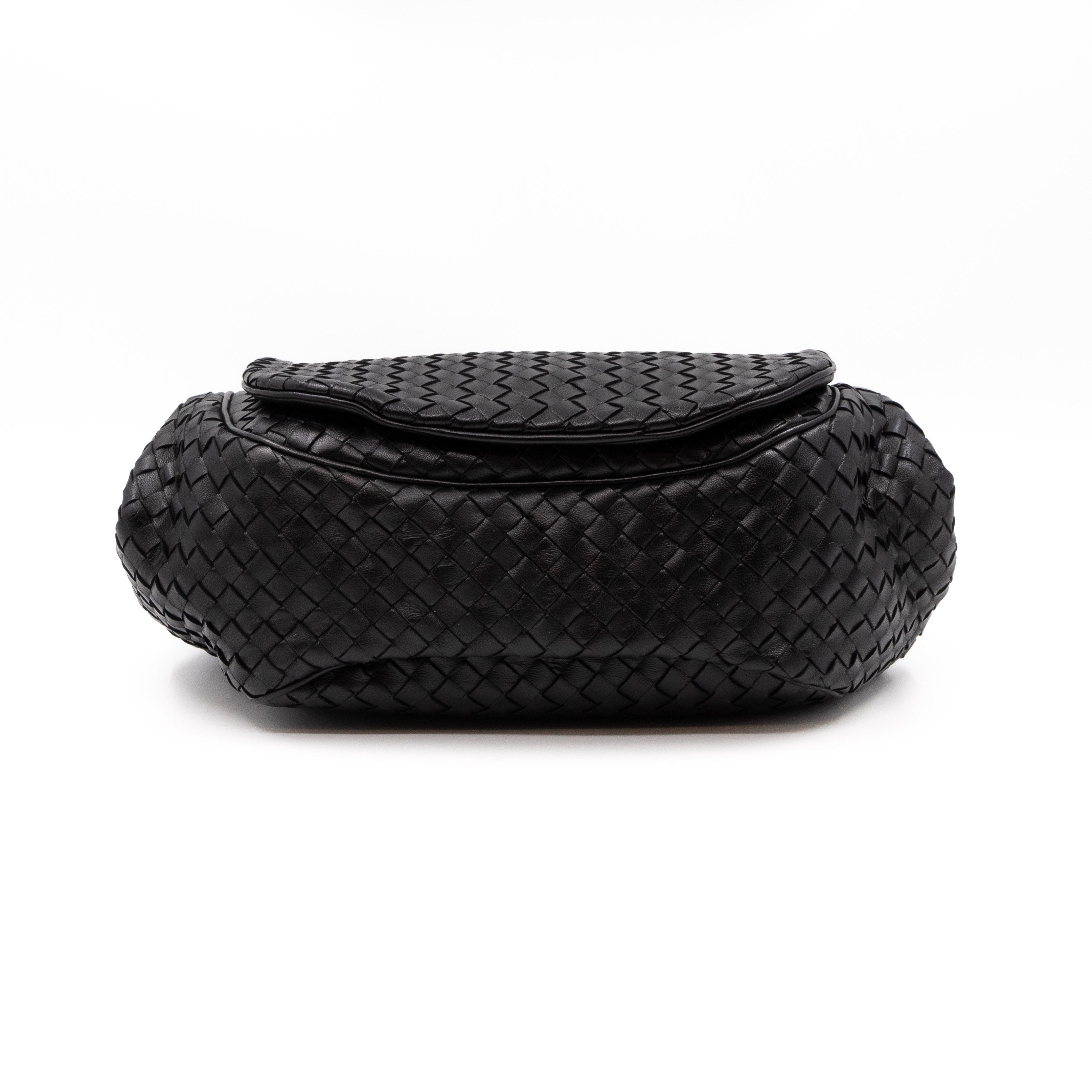 Drawstring Flap Crossbody Bag Intrecciato Black Leather