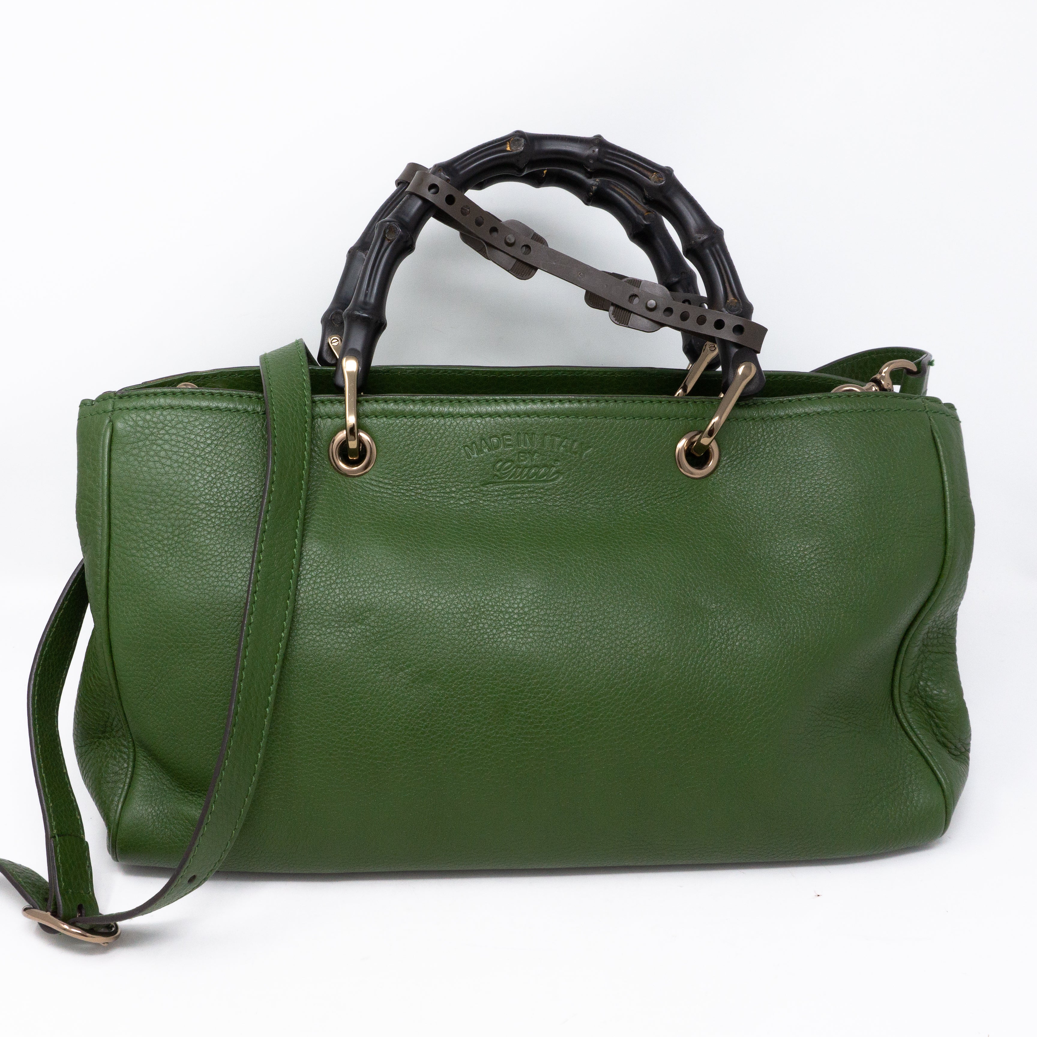 Bamboo Handle Tote Green Leather