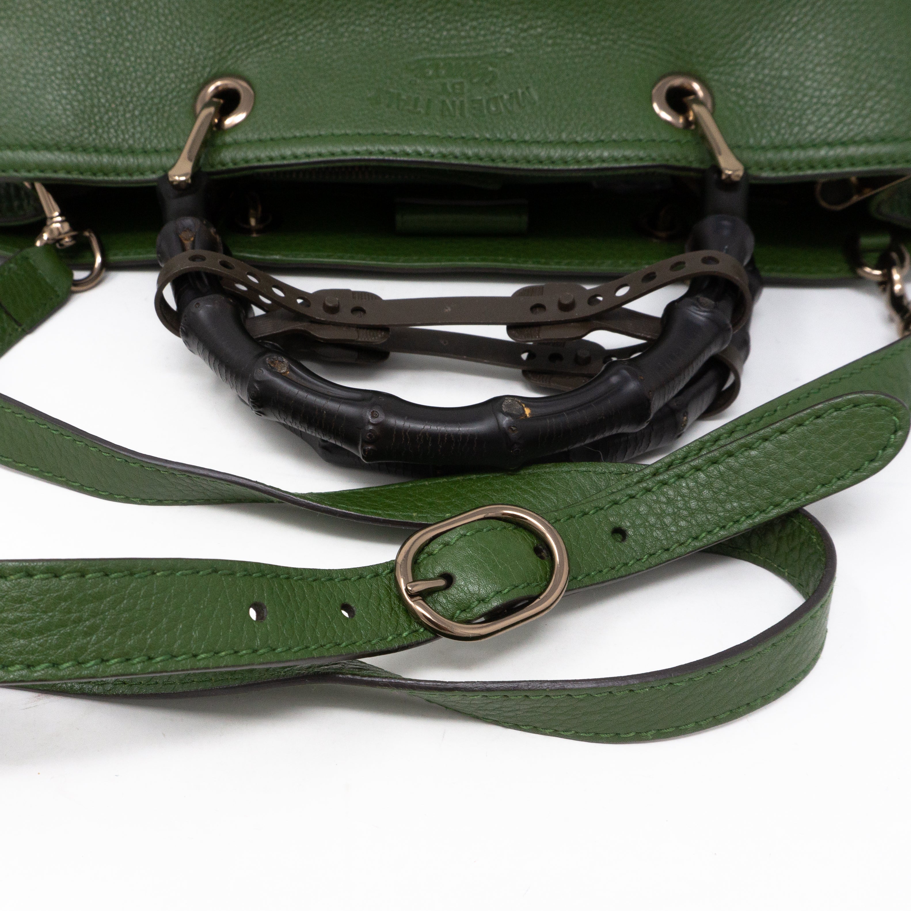 Bamboo Handle Tote Green Leather