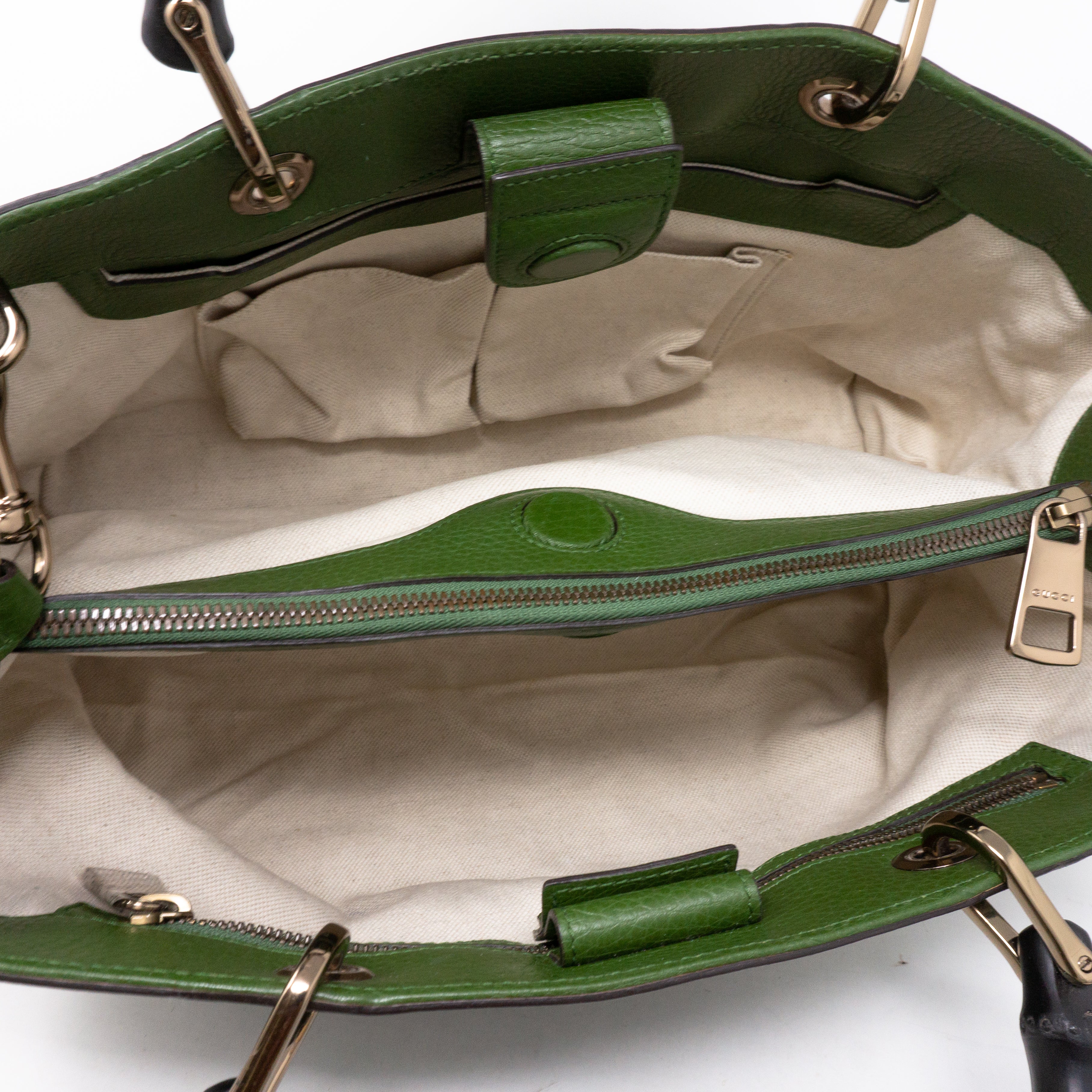 Bamboo Handle Tote Green Leather