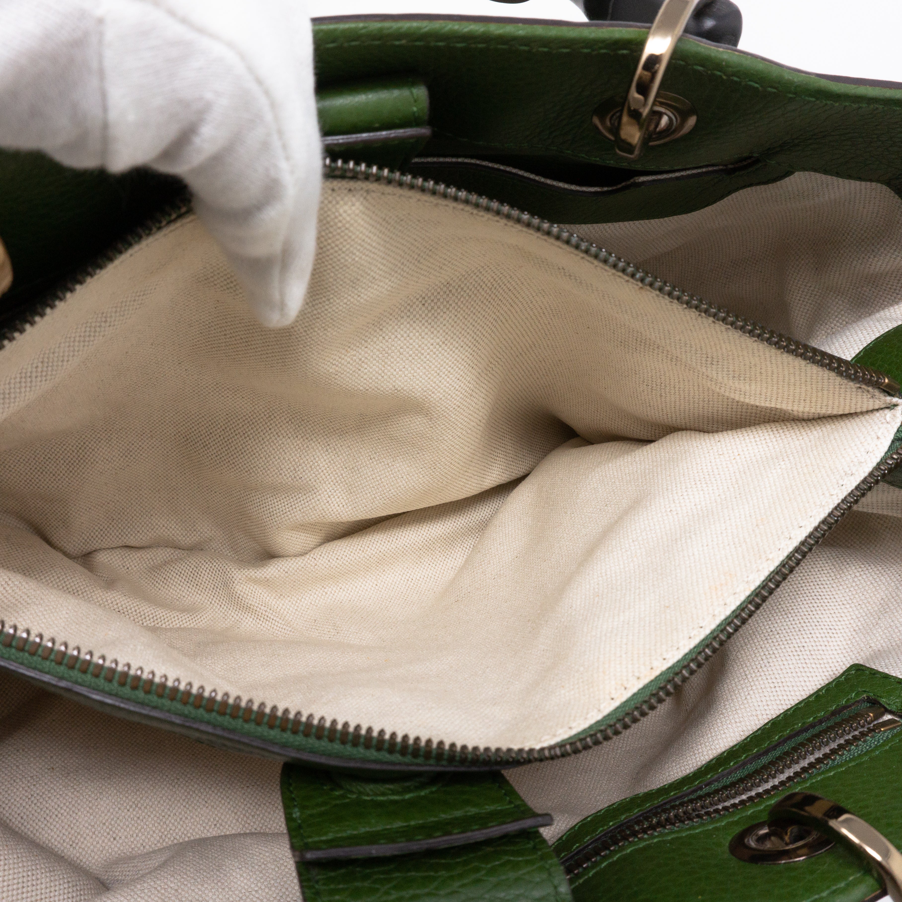 Bamboo Handle Tote Green Leather