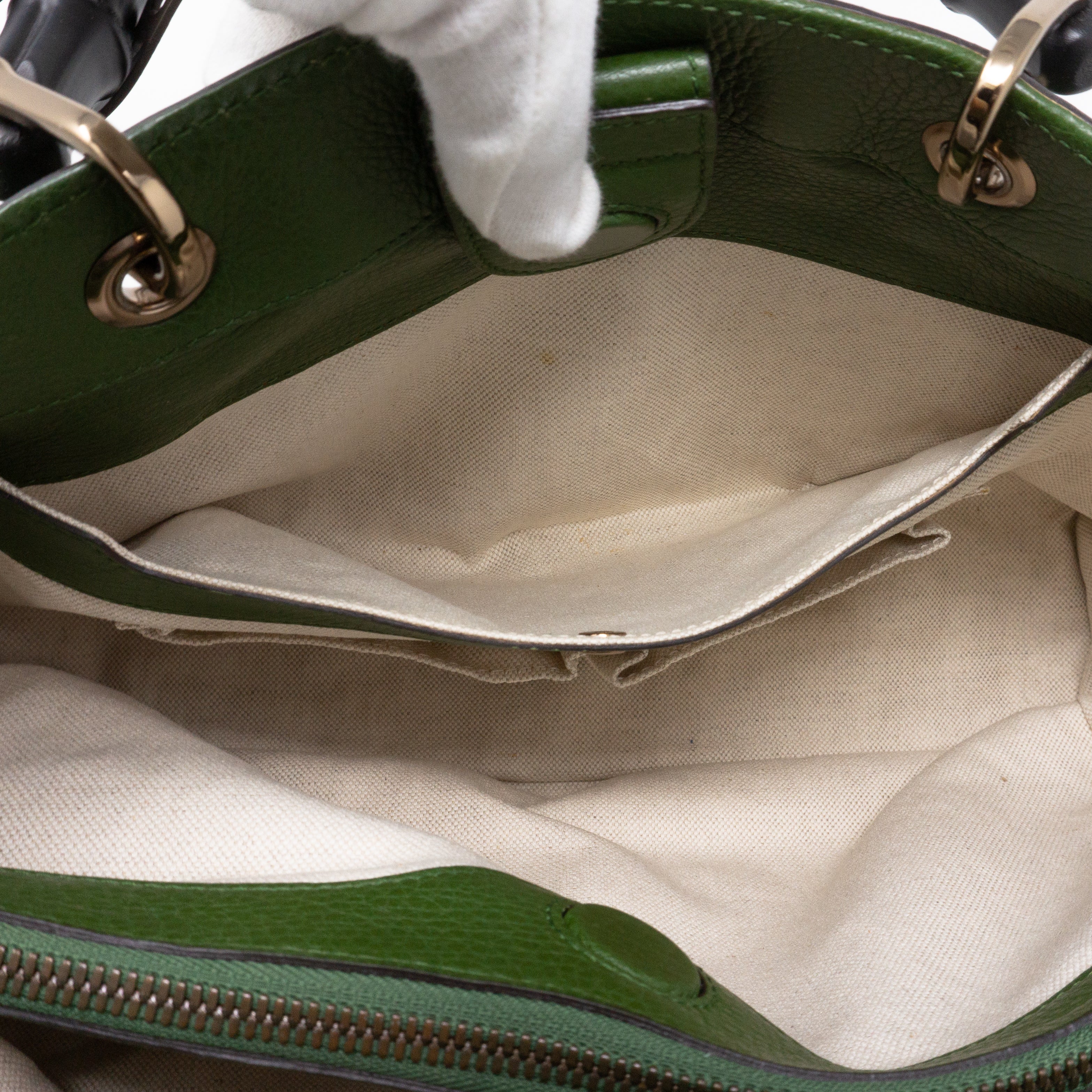 Bamboo Handle Tote Green Leather