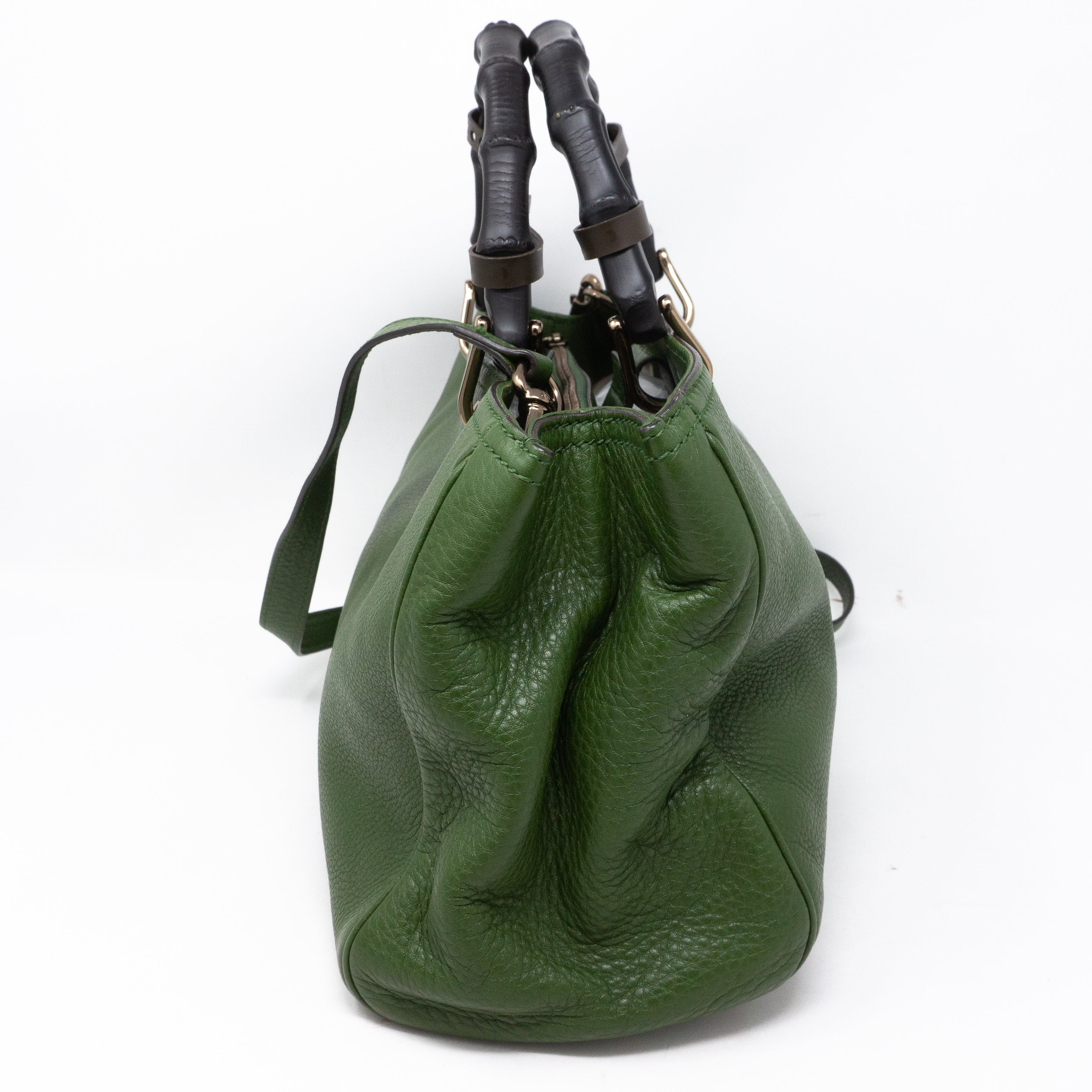 Bamboo Handle Tote Green Leather