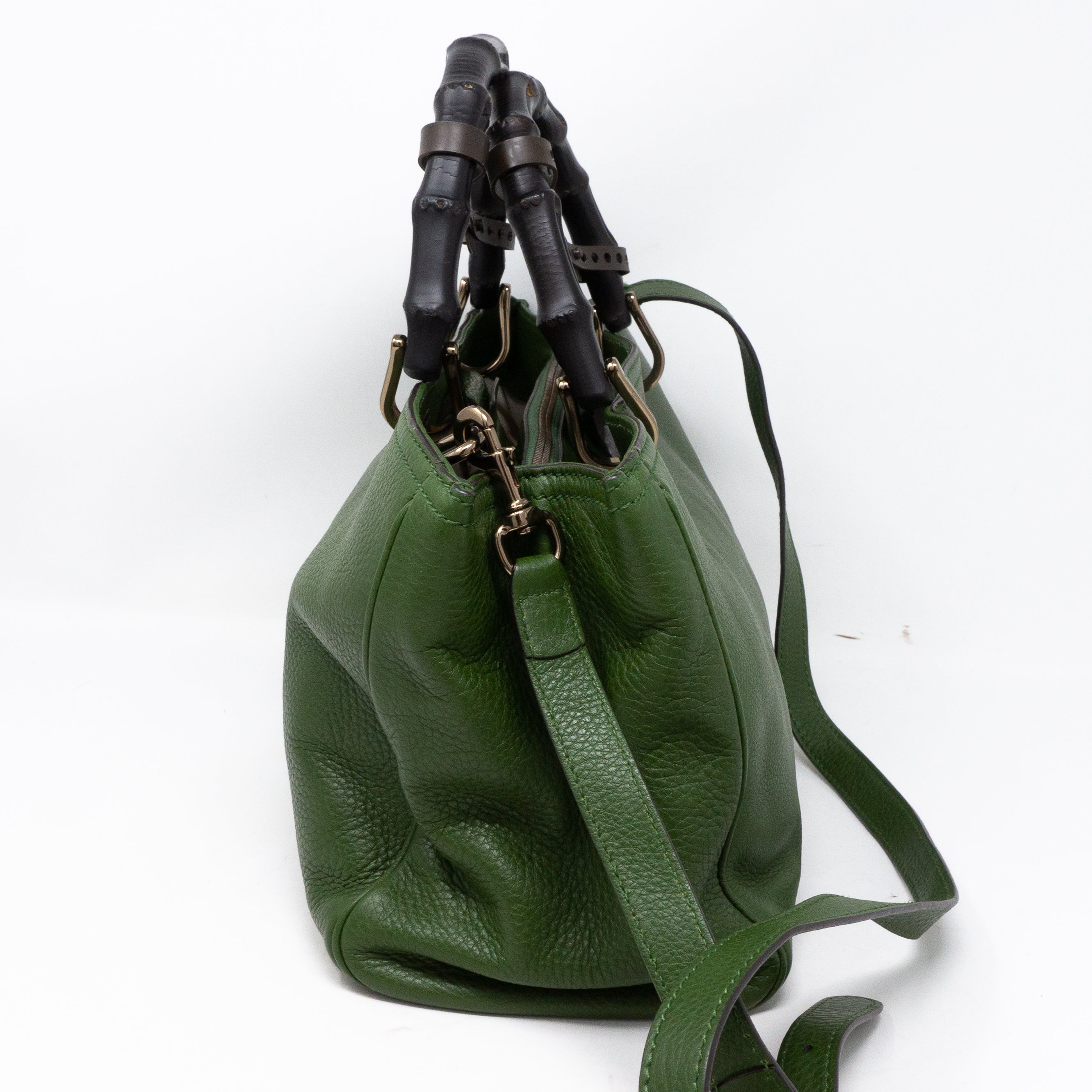 Bamboo Handle Tote Green Leather