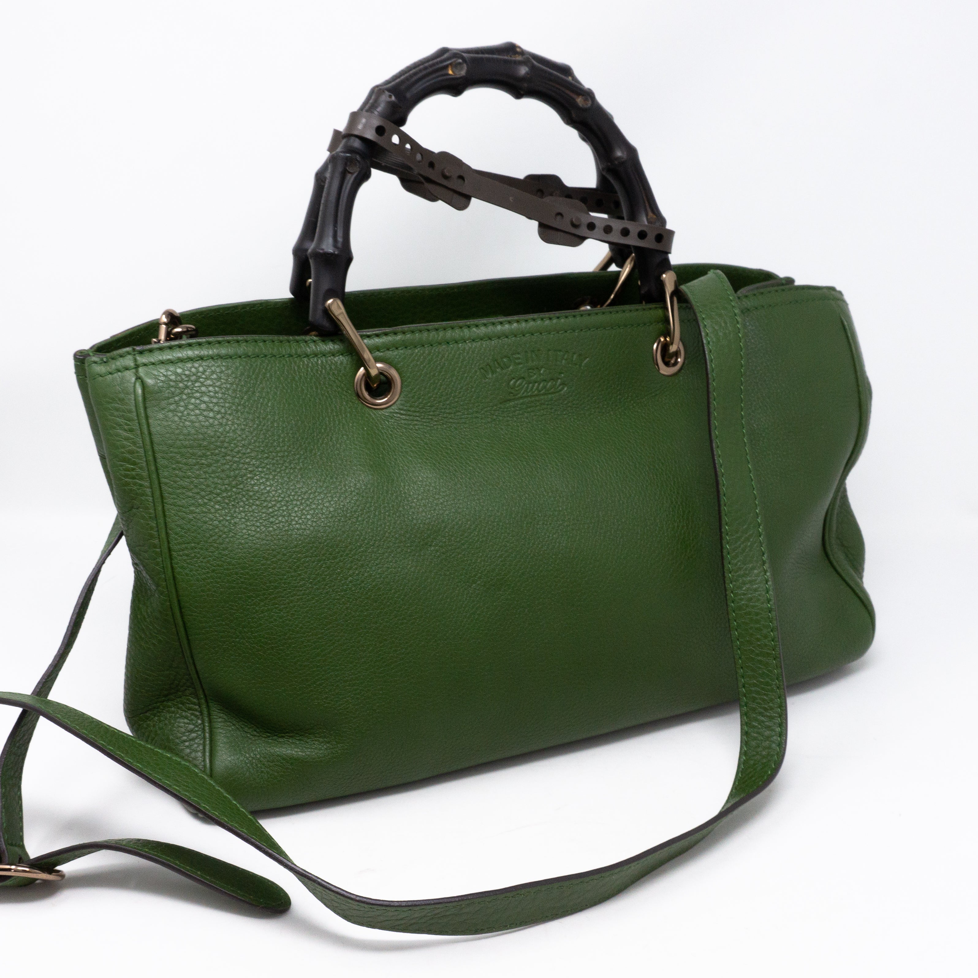 Bamboo Handle Tote Green Leather