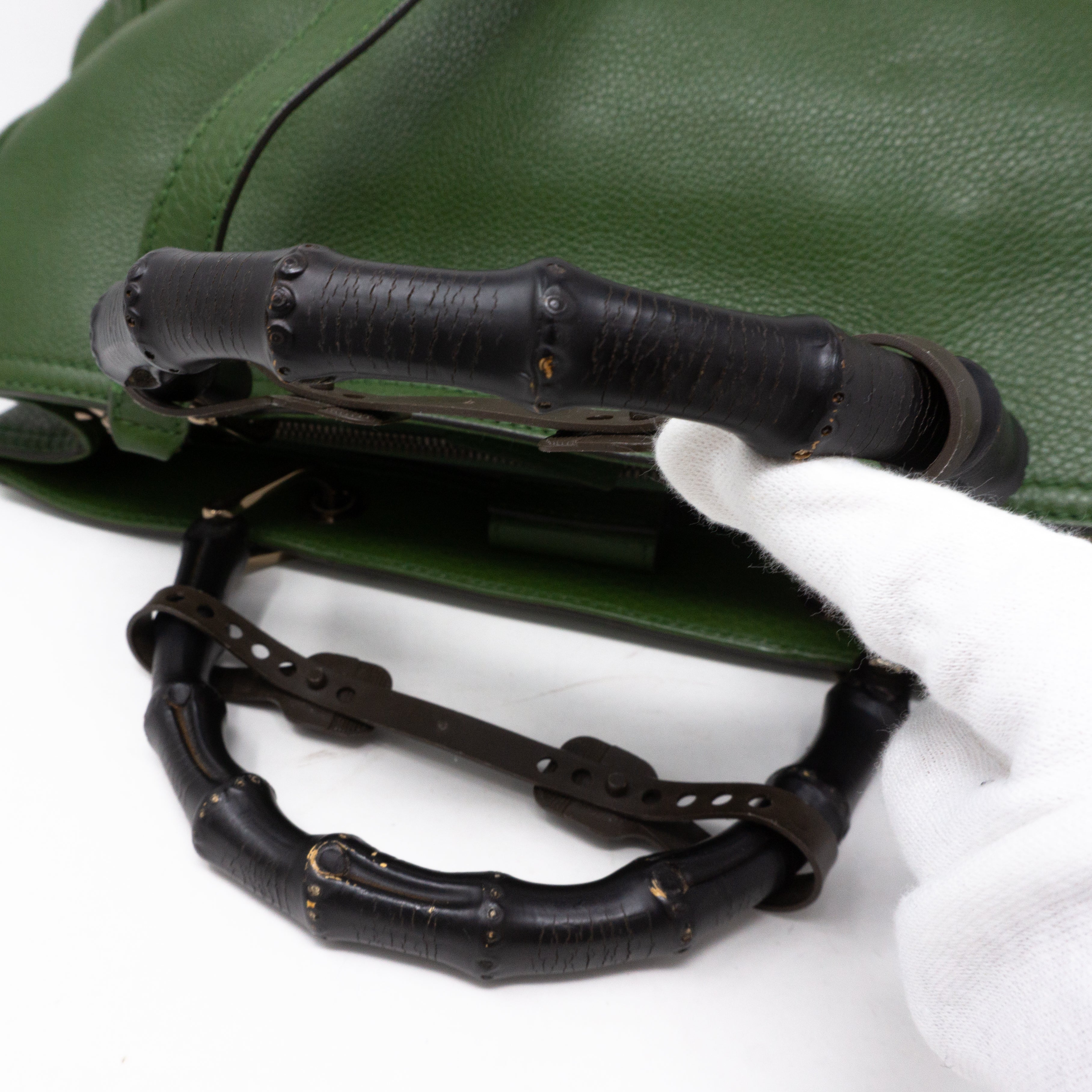 Bamboo Handle Tote Green Leather