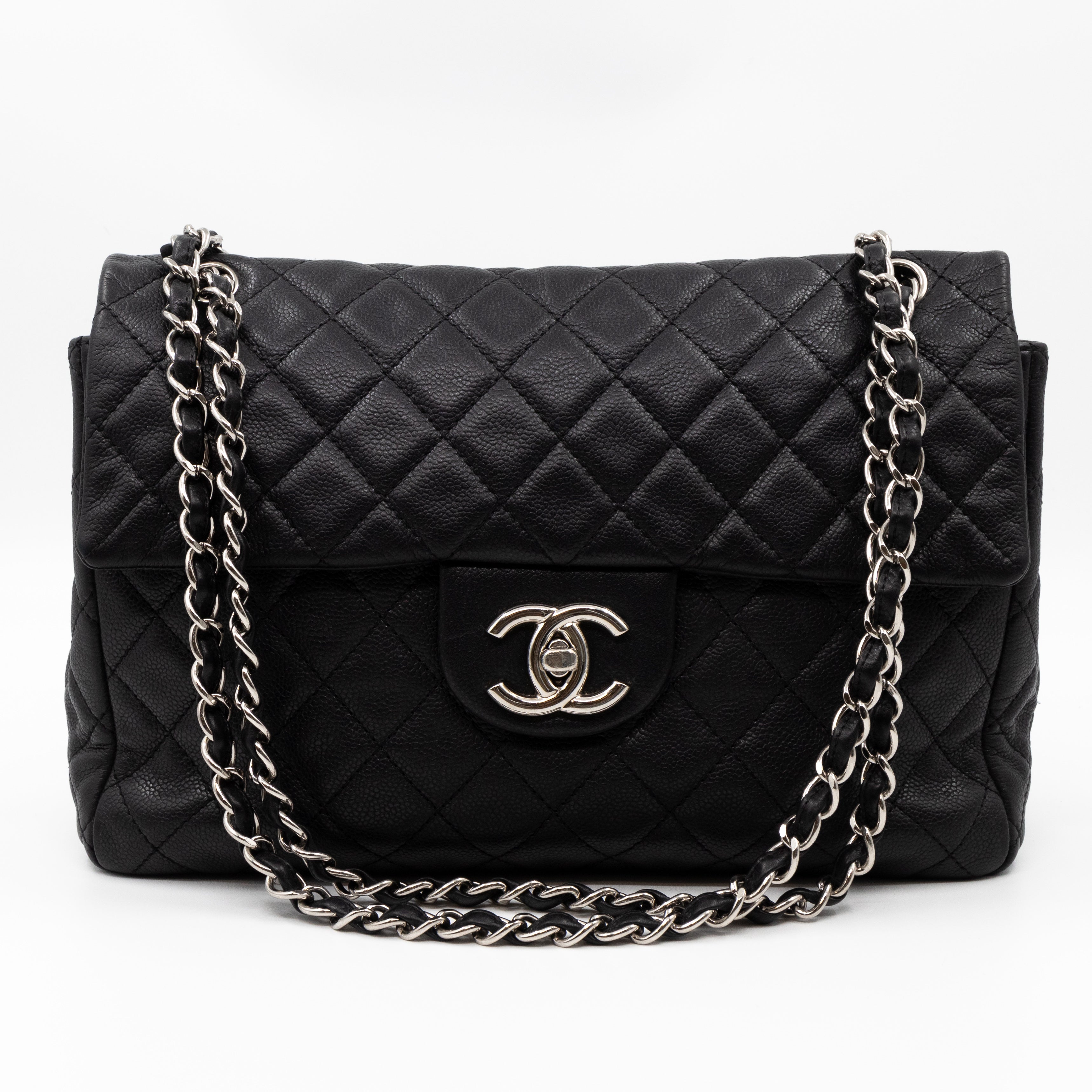 Single Flap Bag Black Caviar Silver