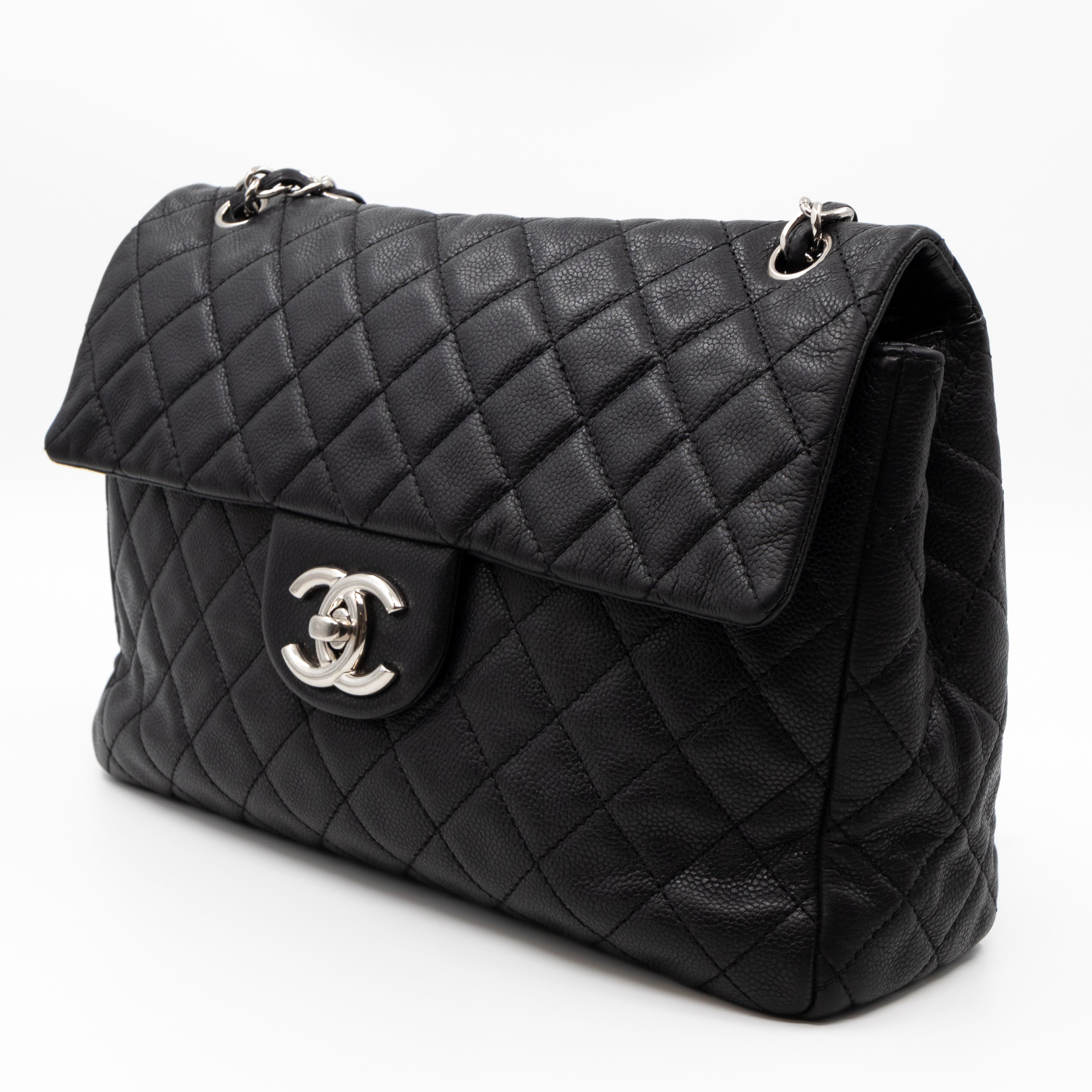 Single Flap Bag Black Caviar Silver