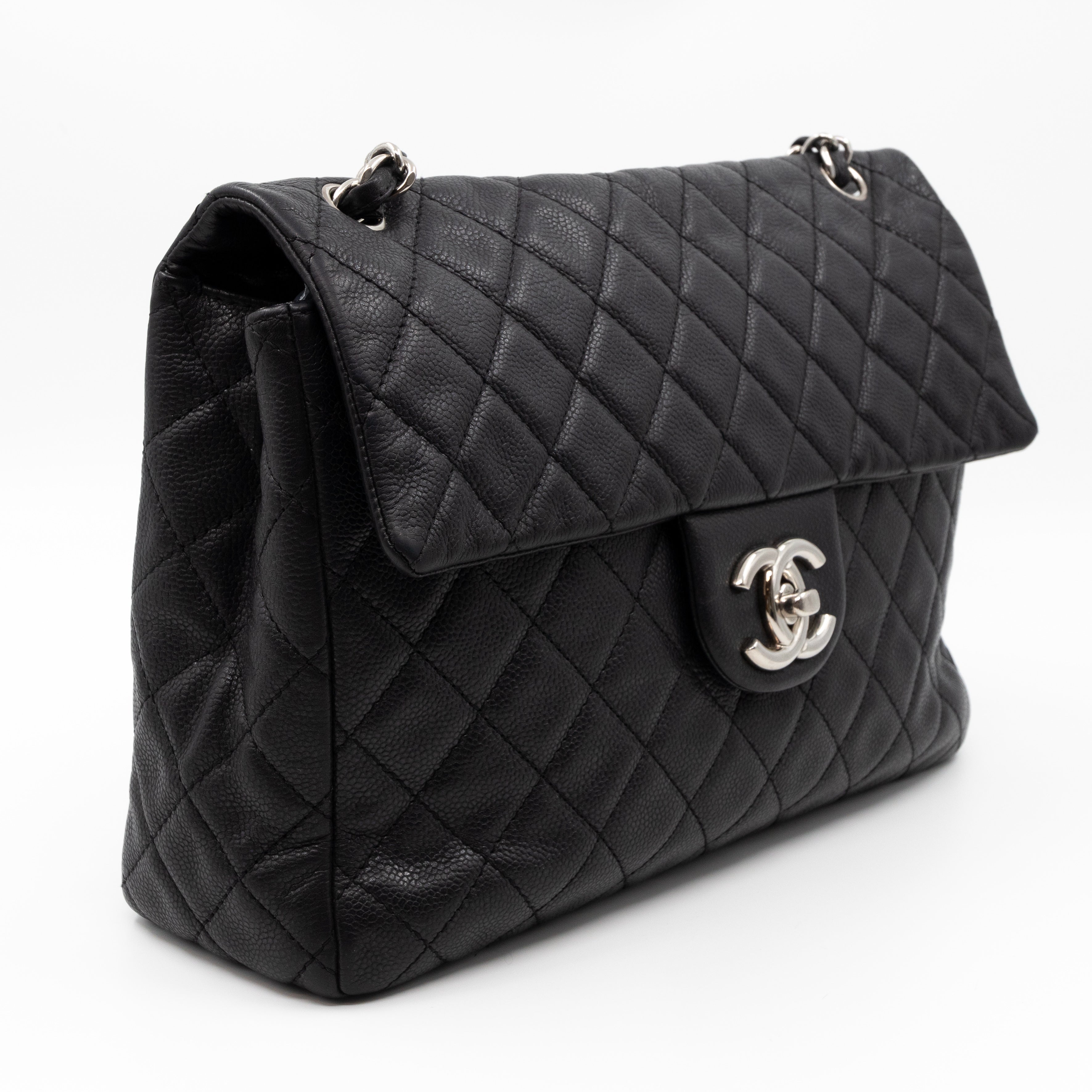 Single Flap Bag Black Caviar Silver
