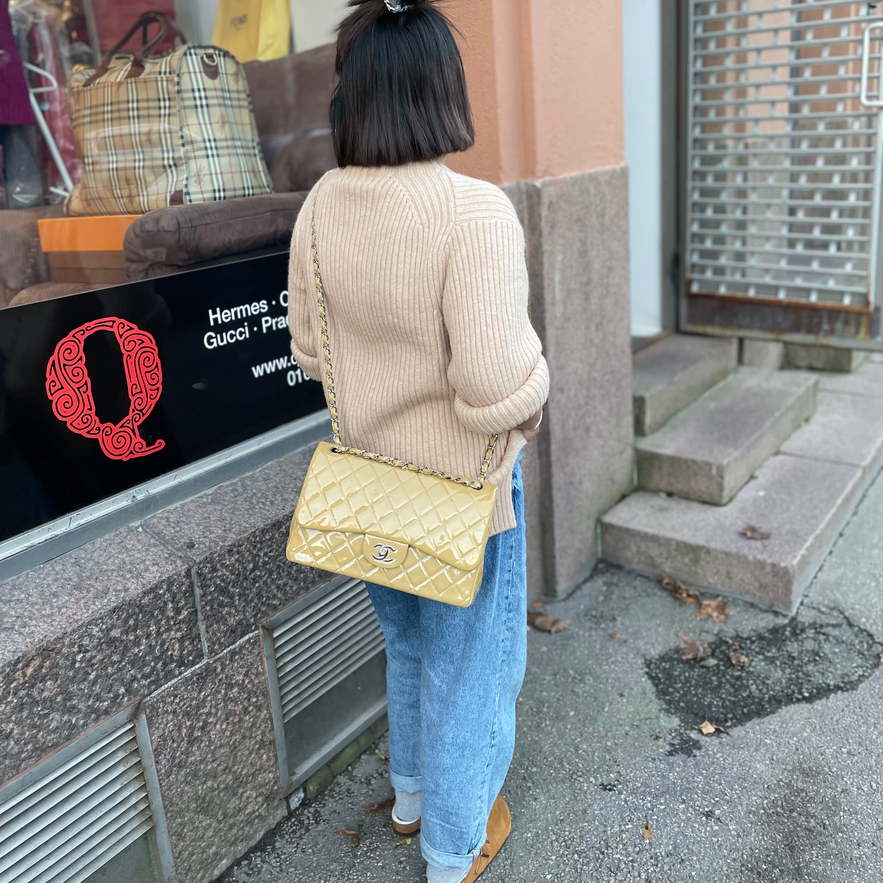 Classic Double Flap Jumbo Dark Beige Patent Leather Silver