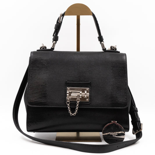 Miss Monica Top Handle Bag Lizard Embossed Leather Black