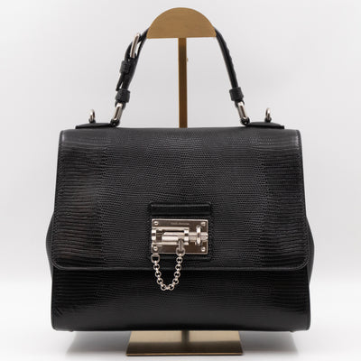 Miss Monica Top Handle Bag Lizard Embossed Leather Black