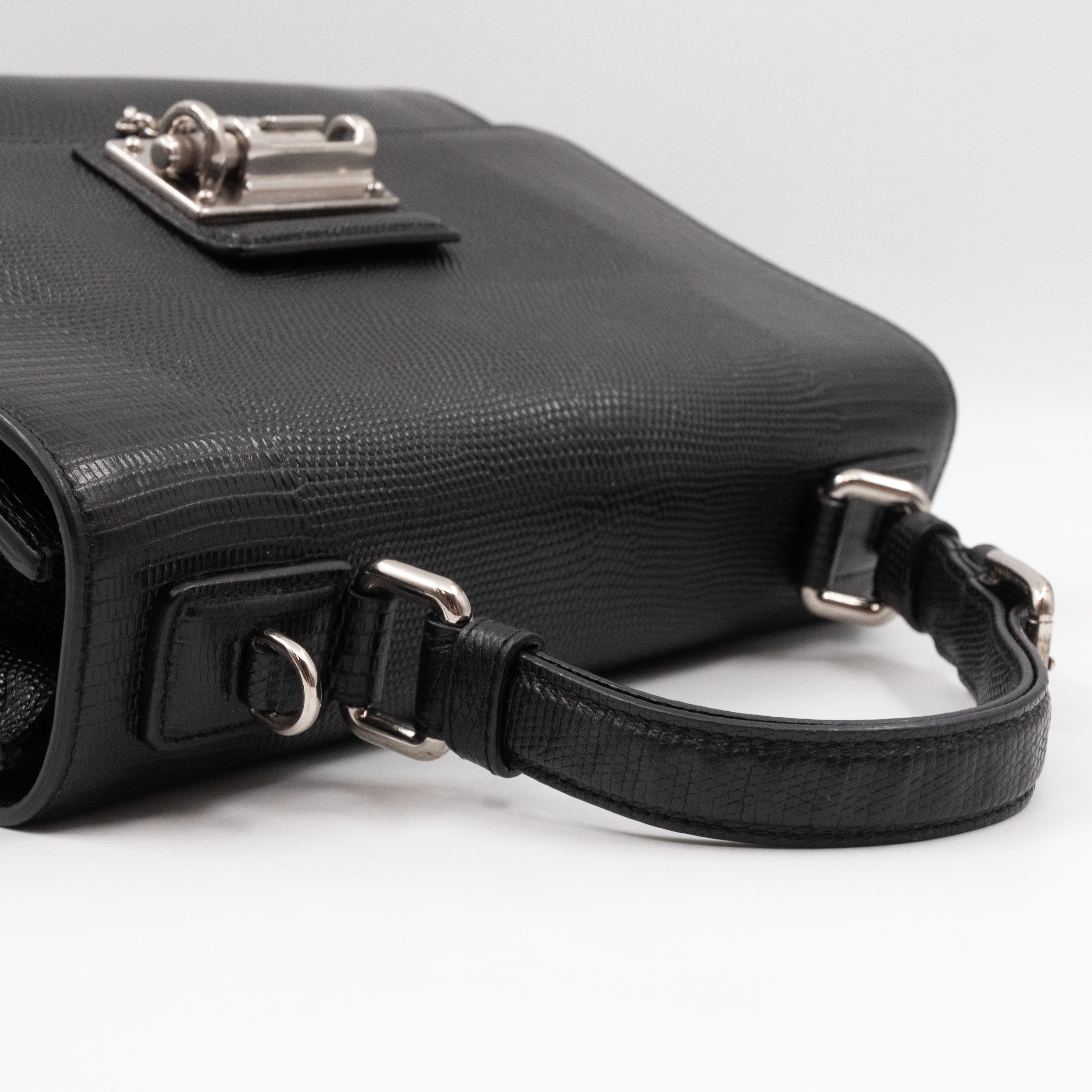 Miss Monica Top Handle Bag Lizard Embossed Leather Black