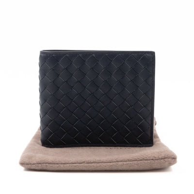 Classic Bifold Wallet Navy Blue Intrecciato Leather