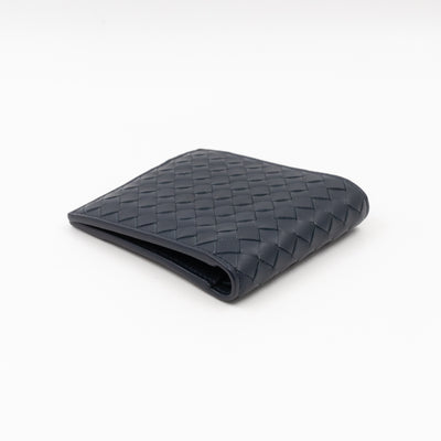 Classic Bifold Wallet Navy Blue Intrecciato Leather