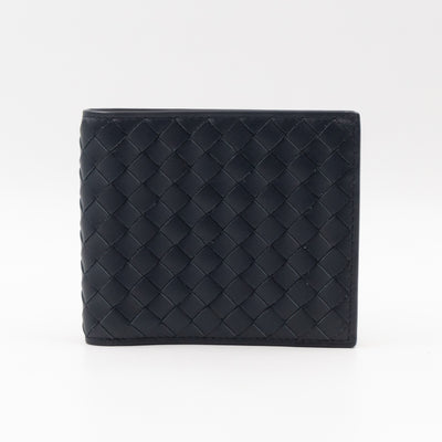 Classic Bifold Wallet Navy Blue Intrecciato Leather