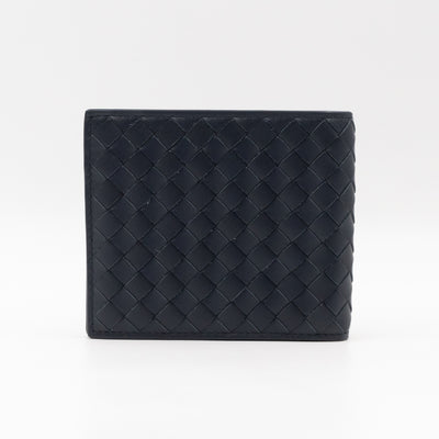 Classic Bifold Wallet Navy Blue Intrecciato Leather