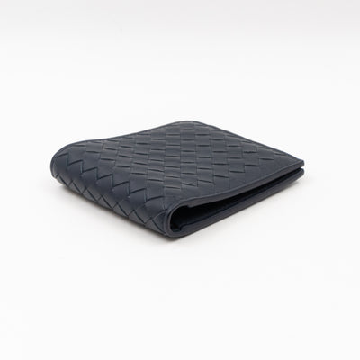 Classic Bifold Wallet Navy Blue Intrecciato Leather