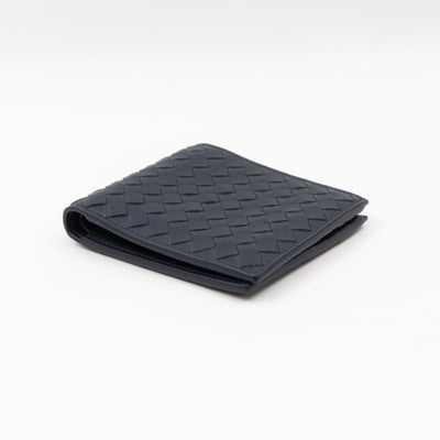 Classic Bifold Wallet Navy Blue Intrecciato Leather