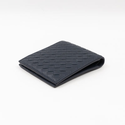 Classic Bifold Wallet Navy Blue Intrecciato Leather