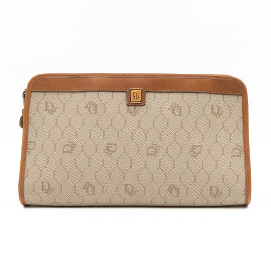 Vintage Small Cosmetic Case Honeycomb Canvas Tan Leather