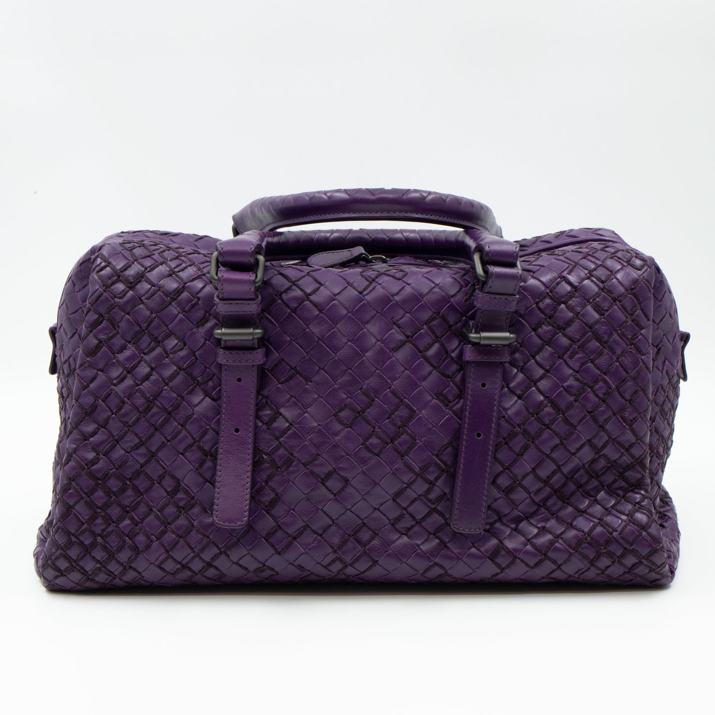 Intrecciato Boston Bag Purple Stitched Leather