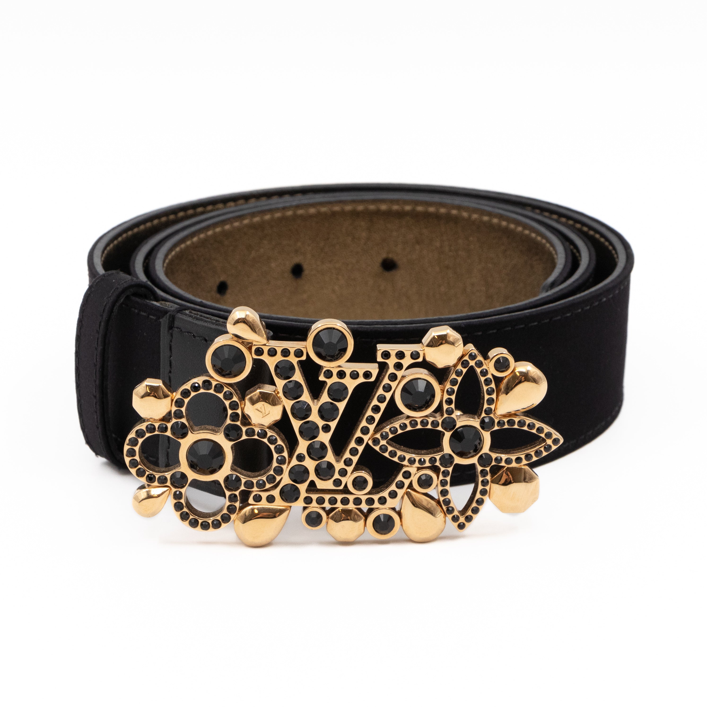 Black Satin Rhinestone Fleurs Runway Belt 85 cm 34 mm