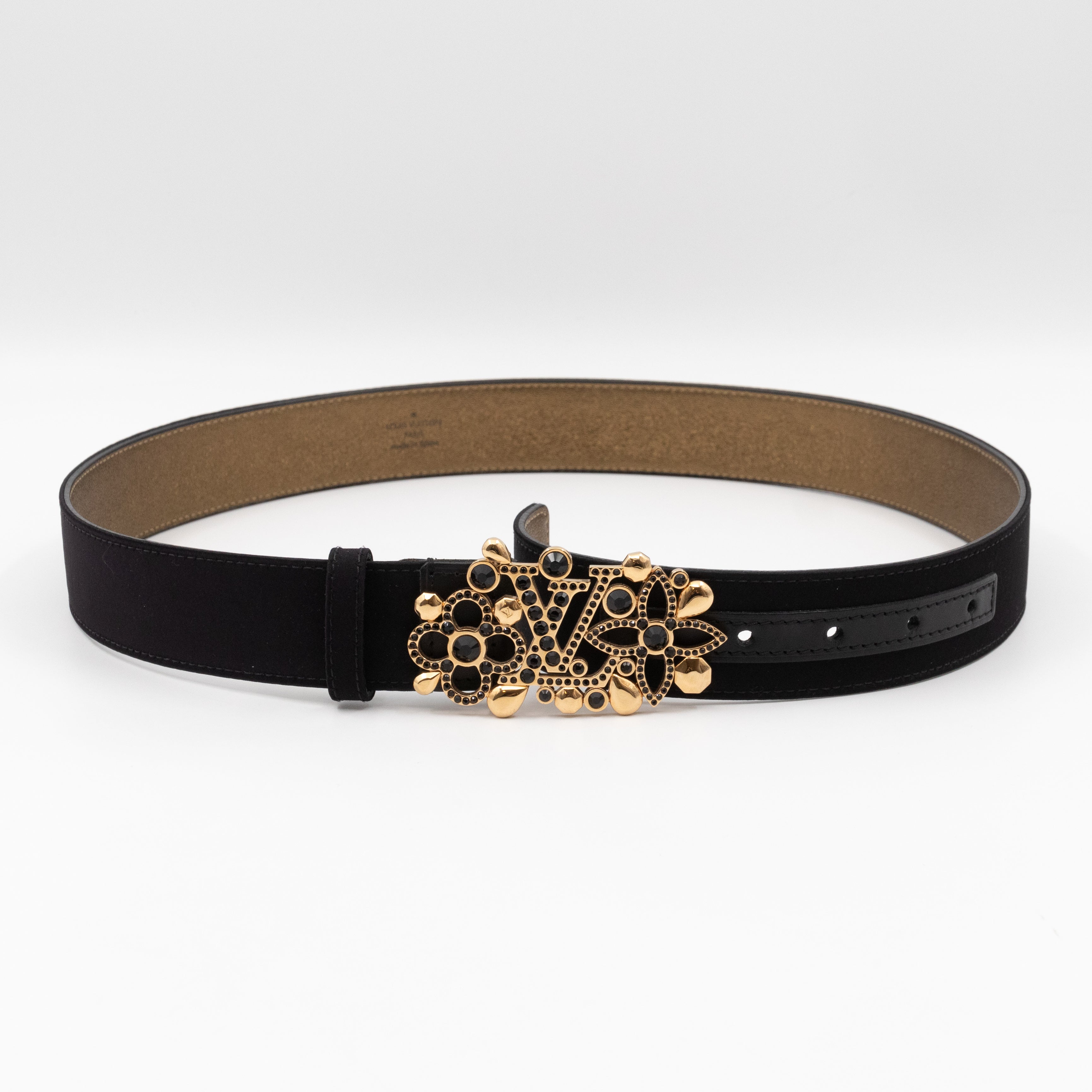 Black Satin Rhinestone Fleurs Runway Belt 85 cm 34 mm