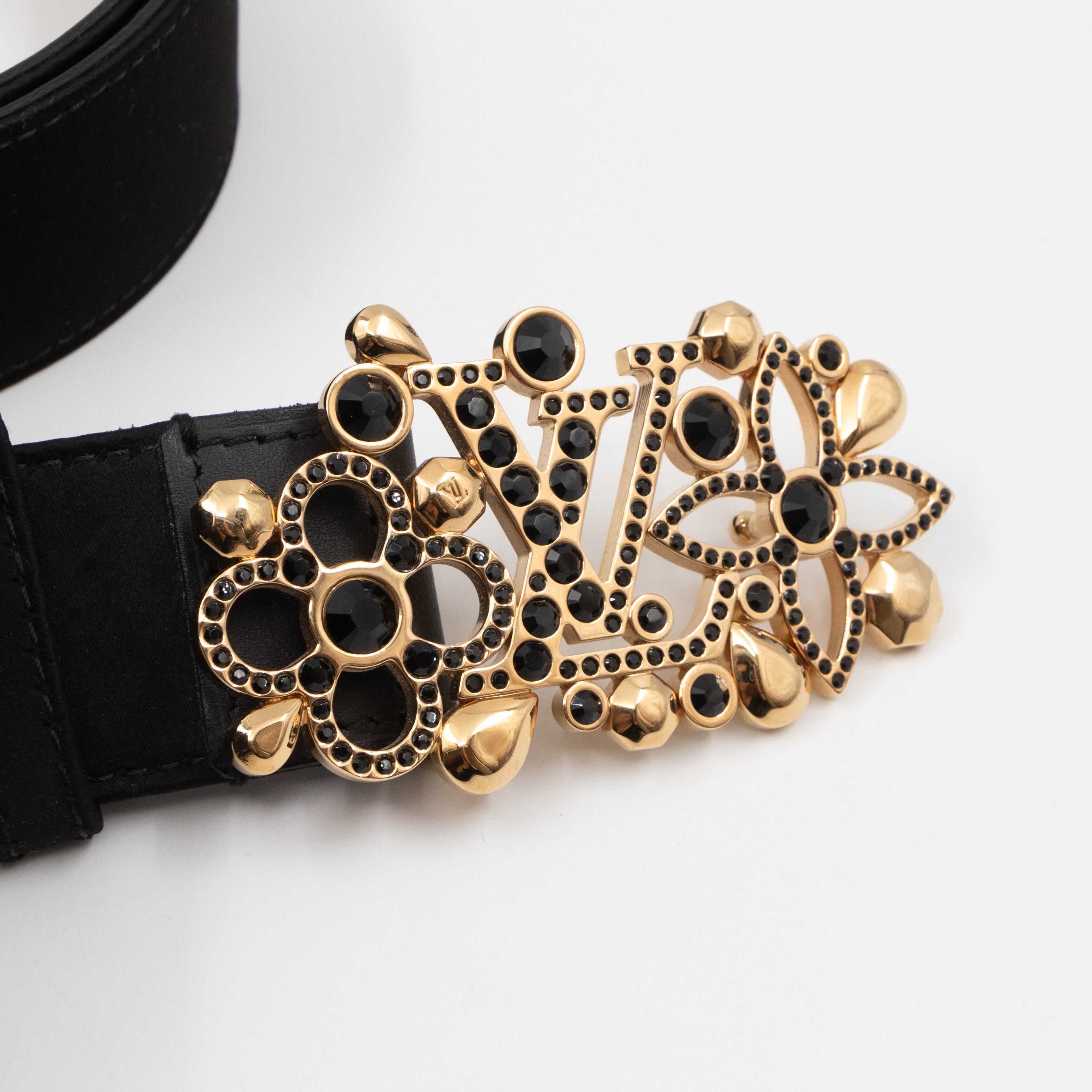 Black Satin Rhinestone Fleurs Runway Belt 85 cm 34 mm
