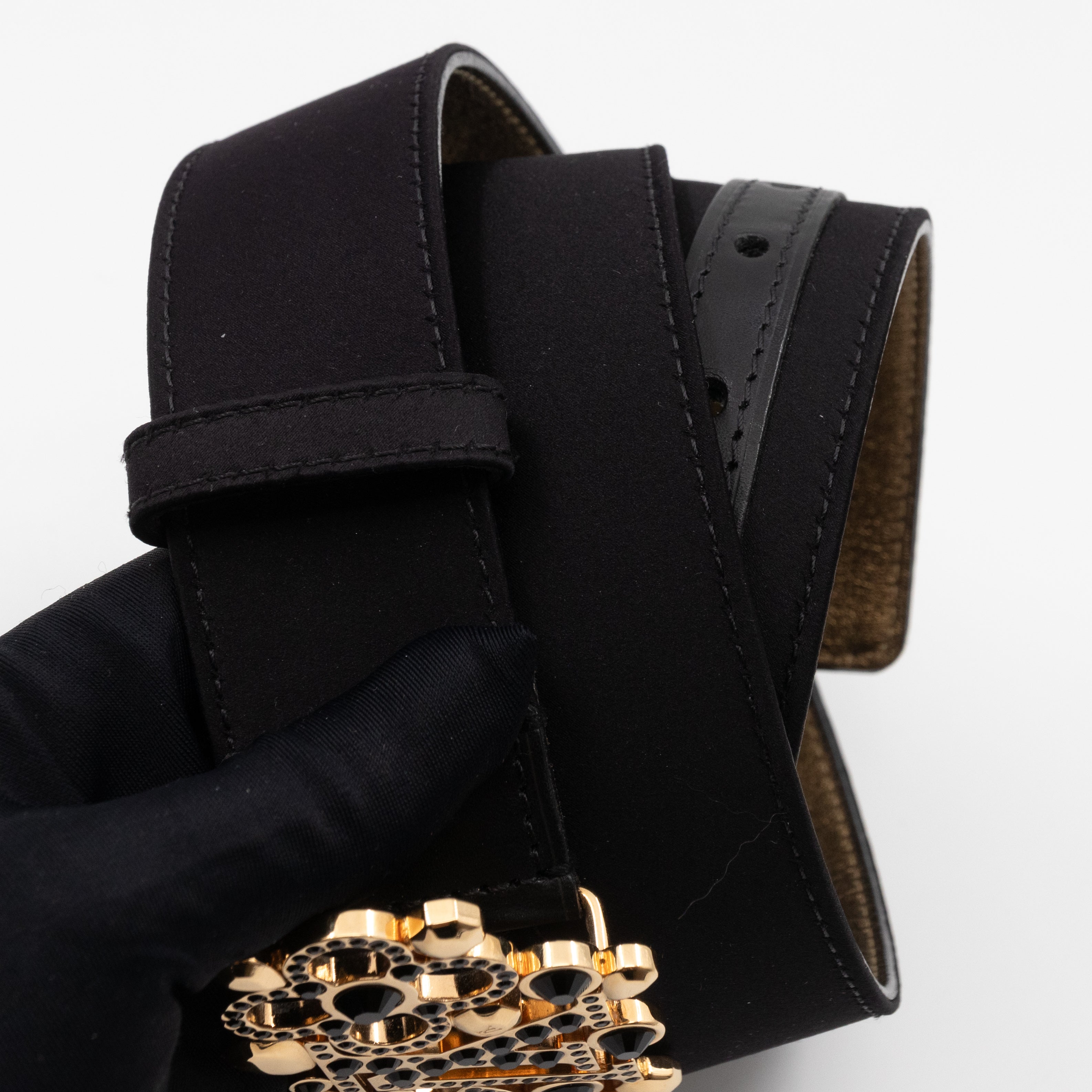 Black Satin Rhinestone Fleurs Runway Belt 85 cm 34 mm