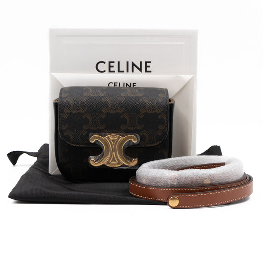 Celine, Bags, Celine Triomphe Canvas Calfskin Mini Clutch On Chain Tan