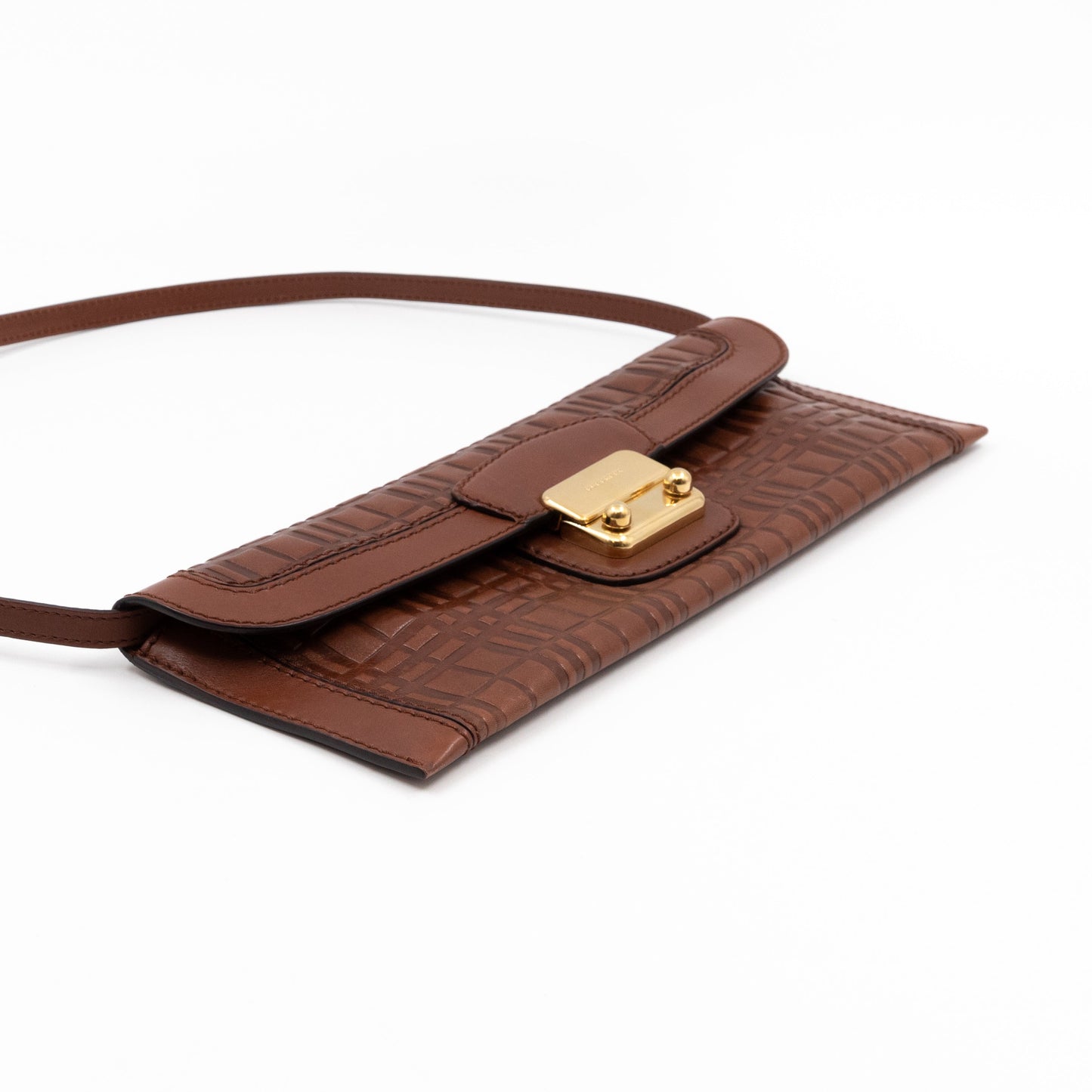 Flat Shoulder Clutch Brown Embossed Leather