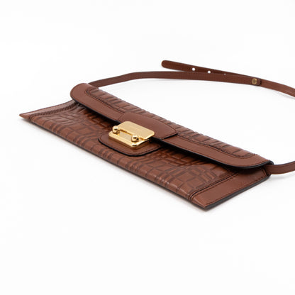 Flat Shoulder Clutch Brown Embossed Leather