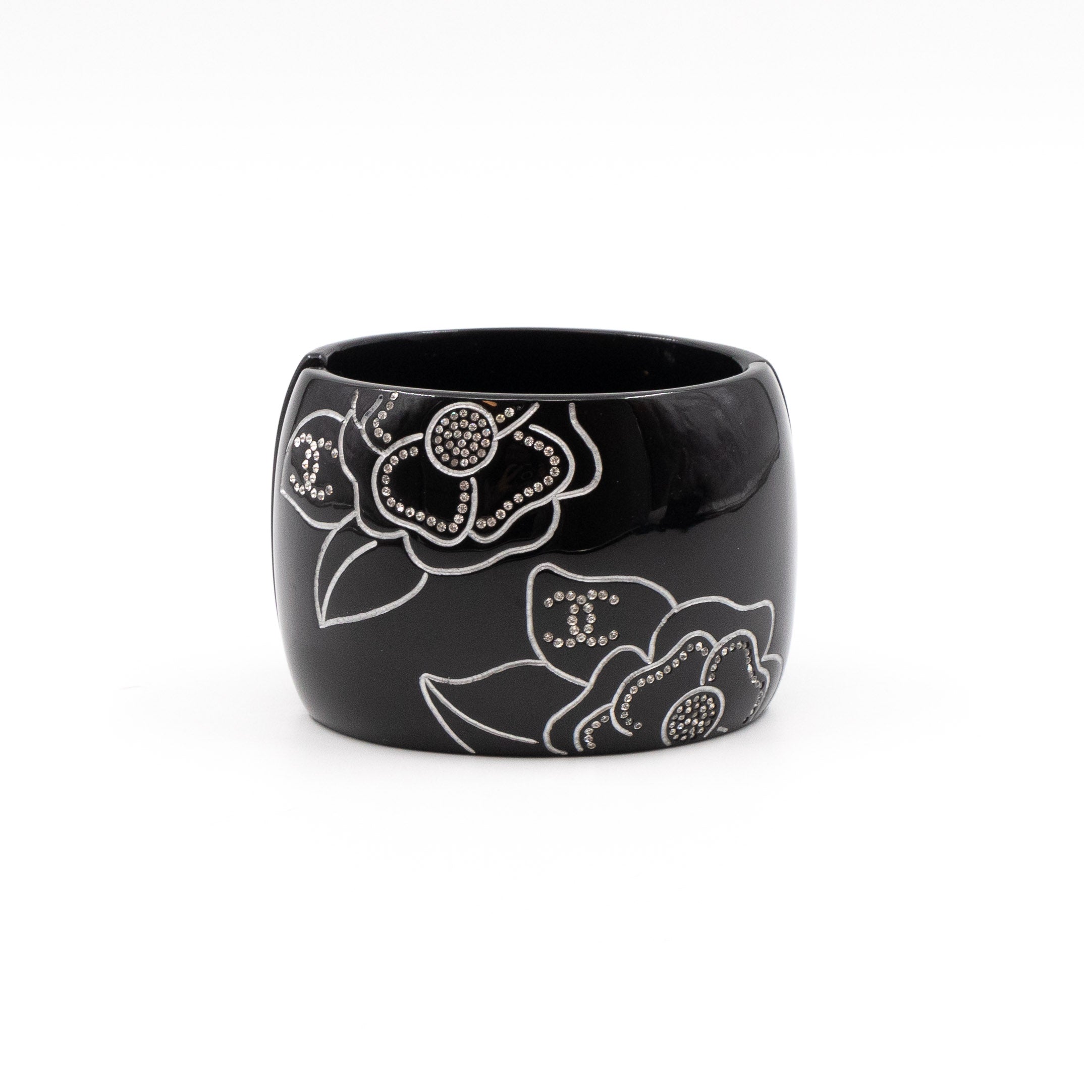 Crystal Camelia Cuff Bracelet Black Silver