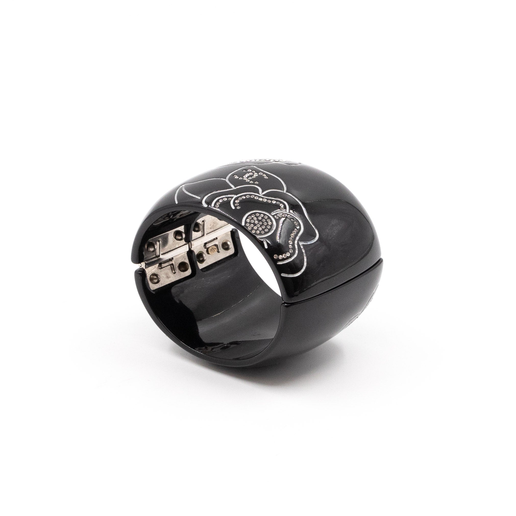 Crystal Camelia Cuff Bracelet Black Silver