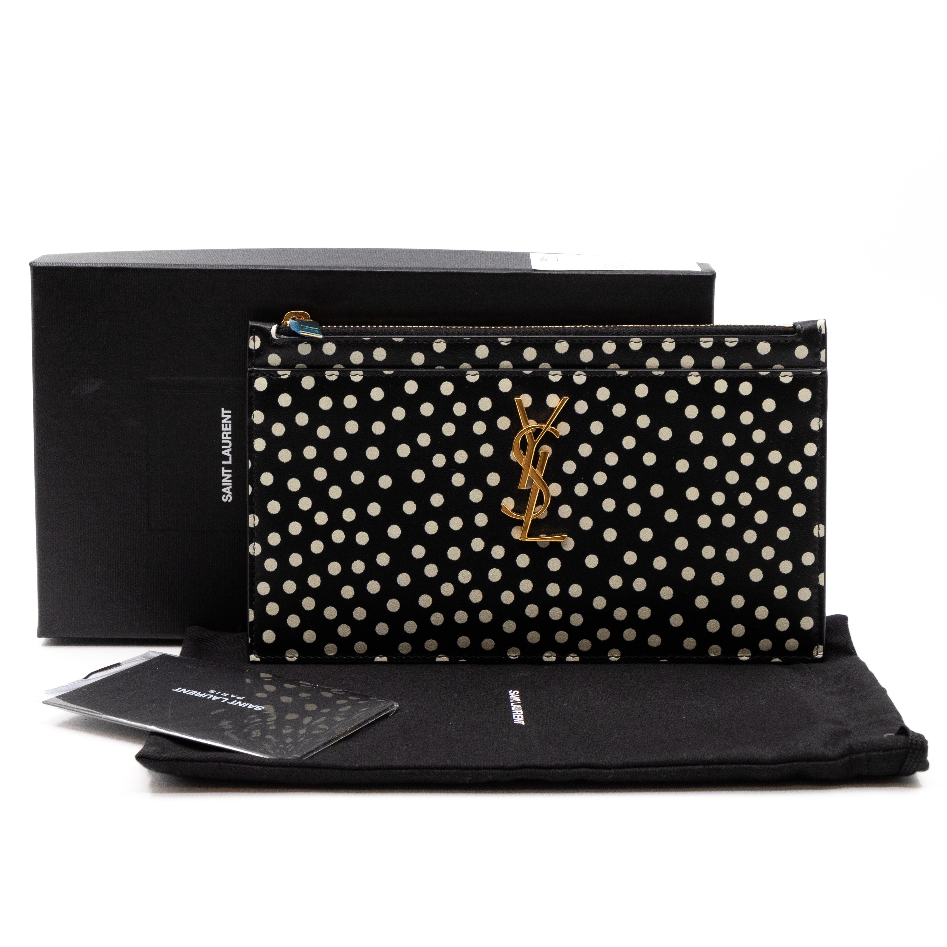 Monogram Zipped Pouch Black Leather Polka Dot