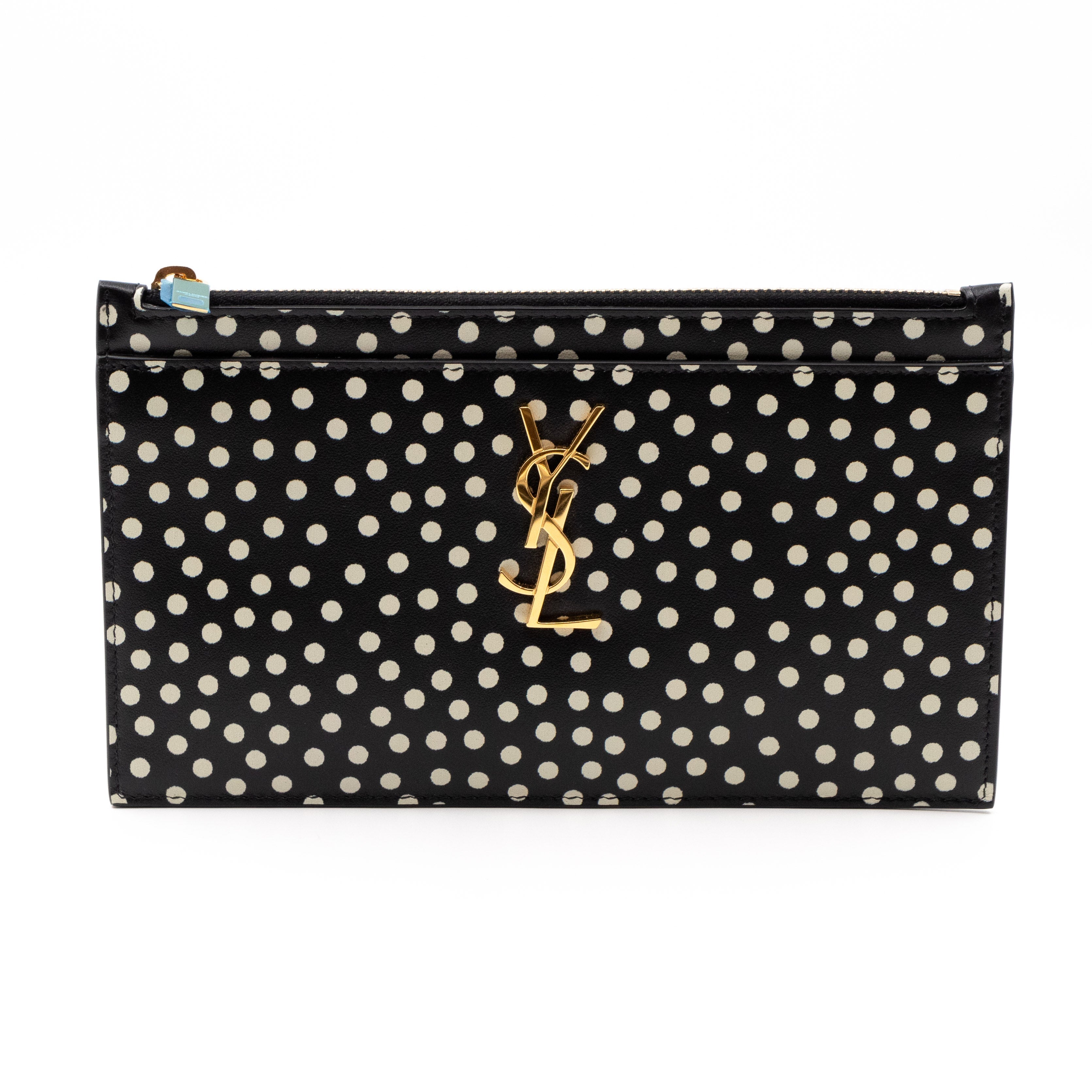 Monogram Zipped Pouch Black Leather Polka Dot