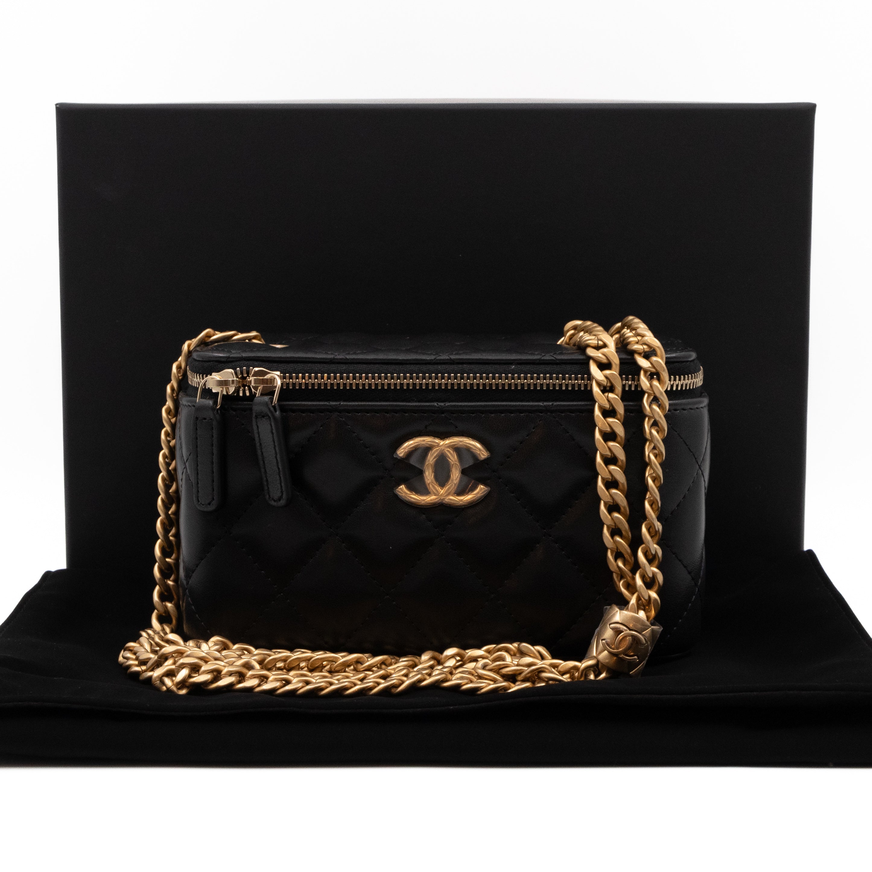 Chanel Vanity Classic Box Chain Black Lambskin Aged Gold Queen Station