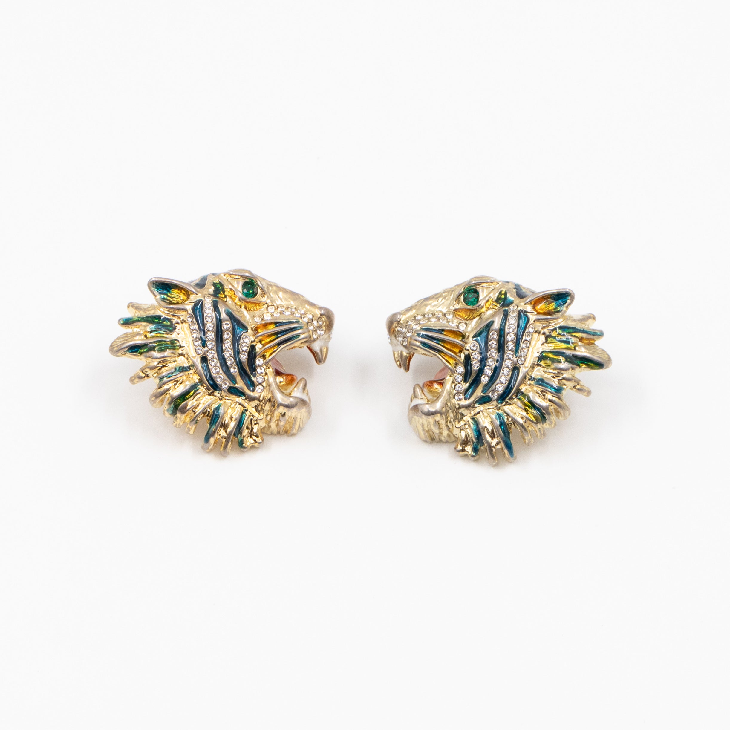 Crystal Enamel Tiger Head Earrings Gold