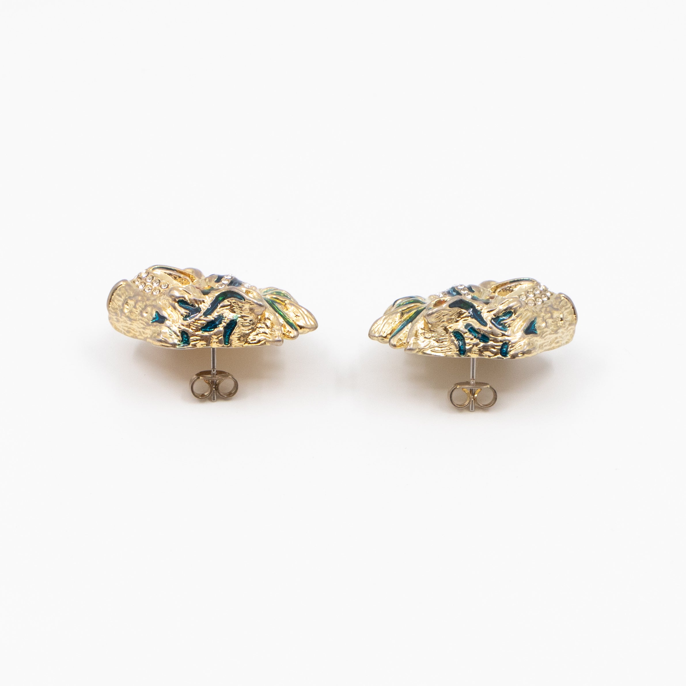 Crystal Enamel Tiger Head Earrings Gold