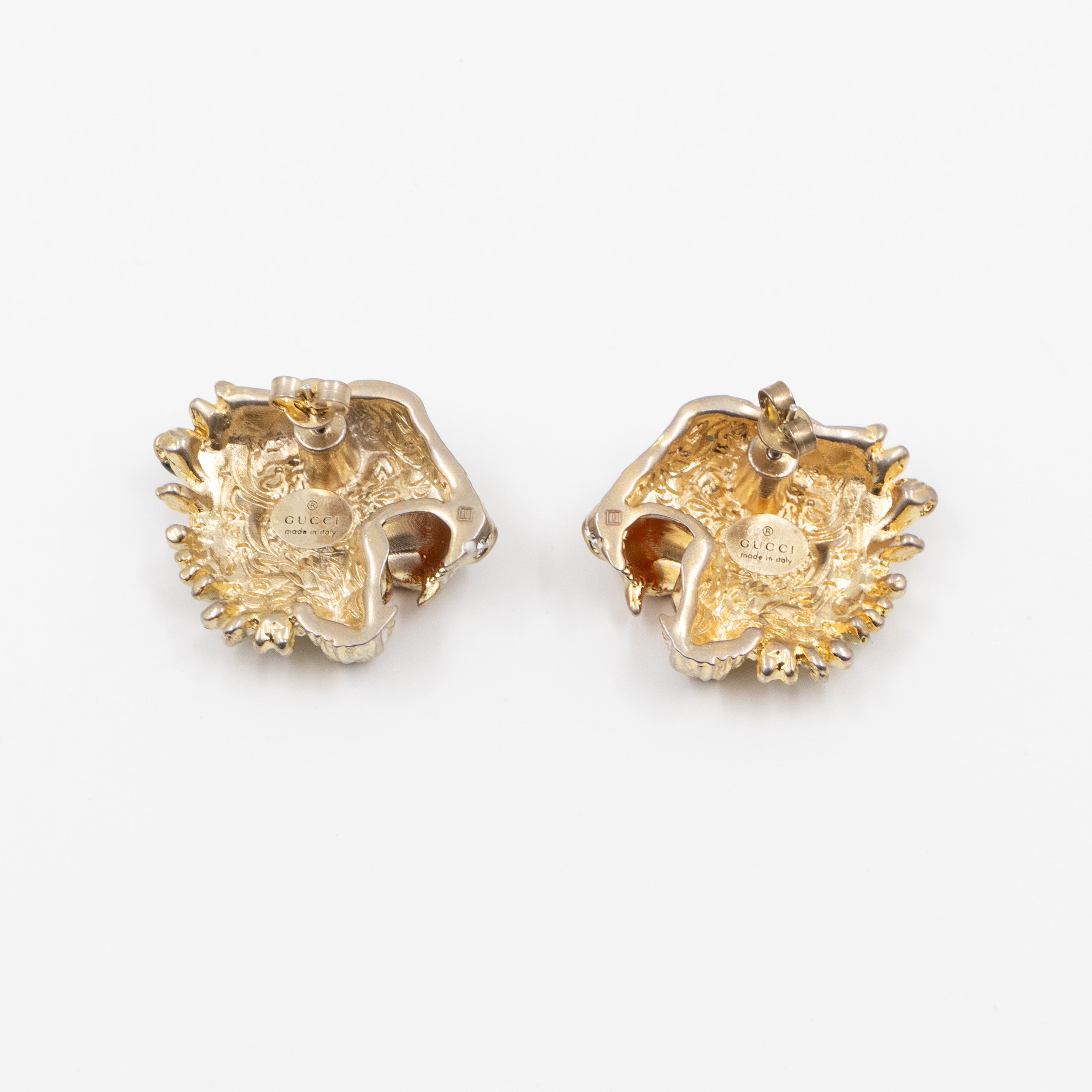 Crystal Enamel Tiger Head Earrings Gold