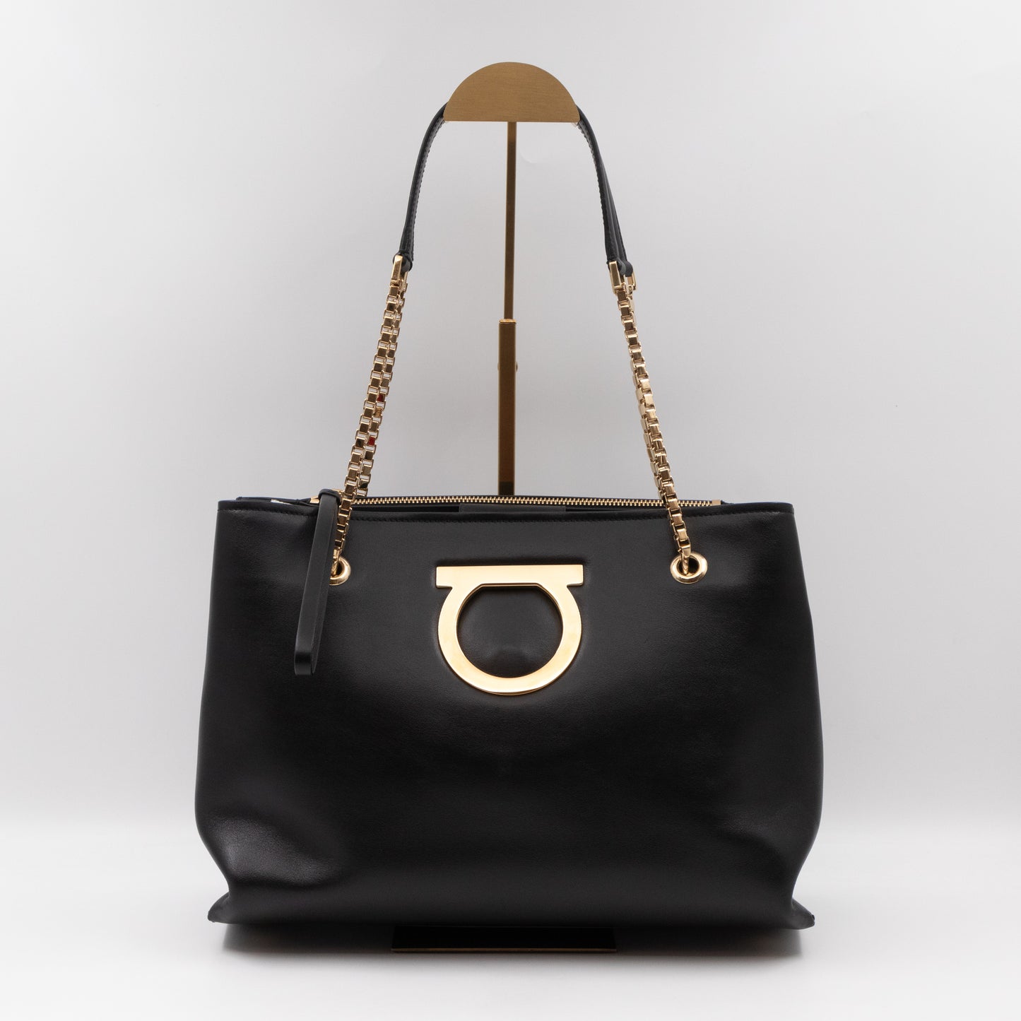 Gancini Chain Handle Tote Black Leather