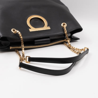 Gancini Chain Handle Tote Black Leather