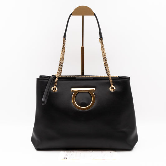 Gancini Chain Handle Tote Black Leather