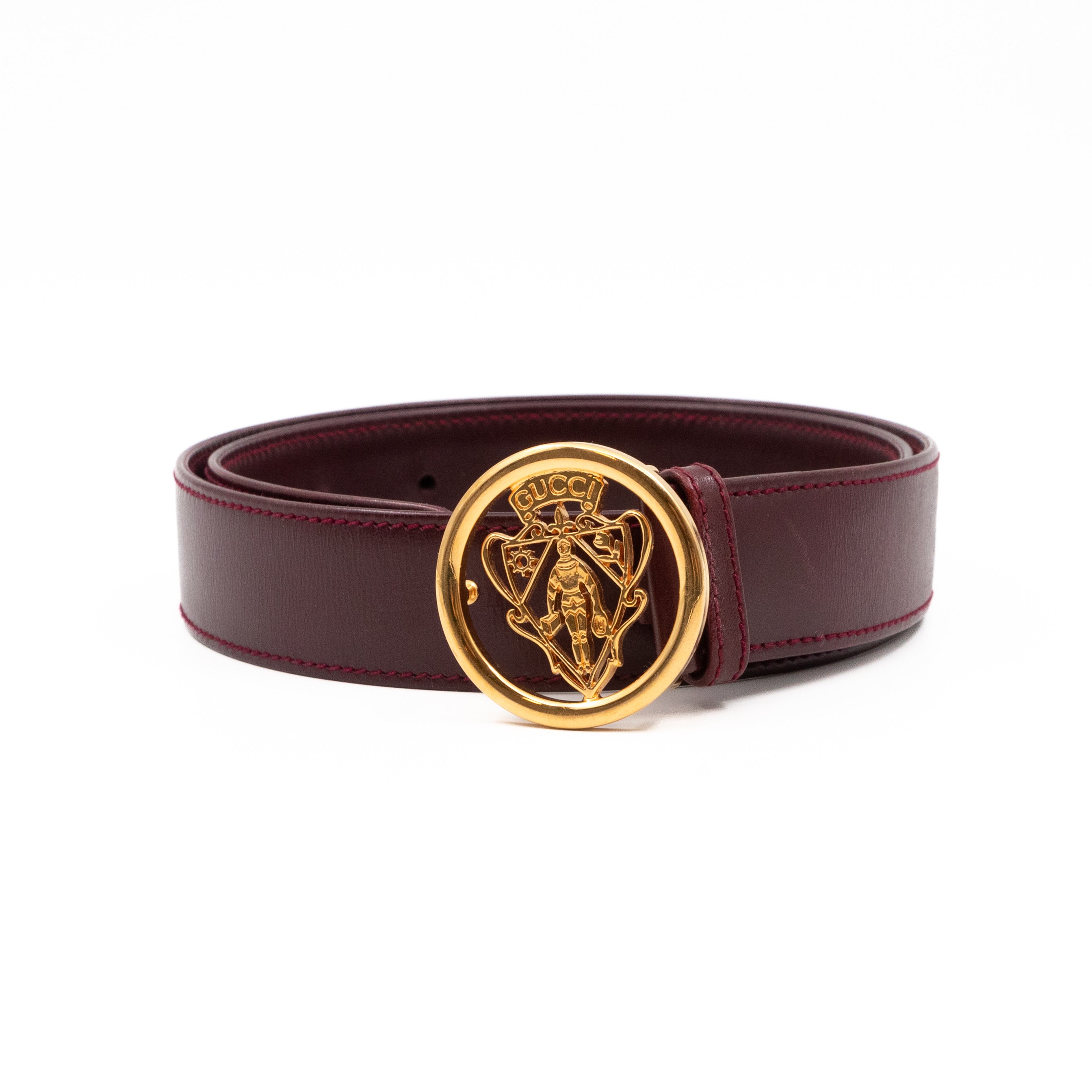 Gucci Vintage Crest Belt Burgundy Leather 70 28 Gold Queen Station