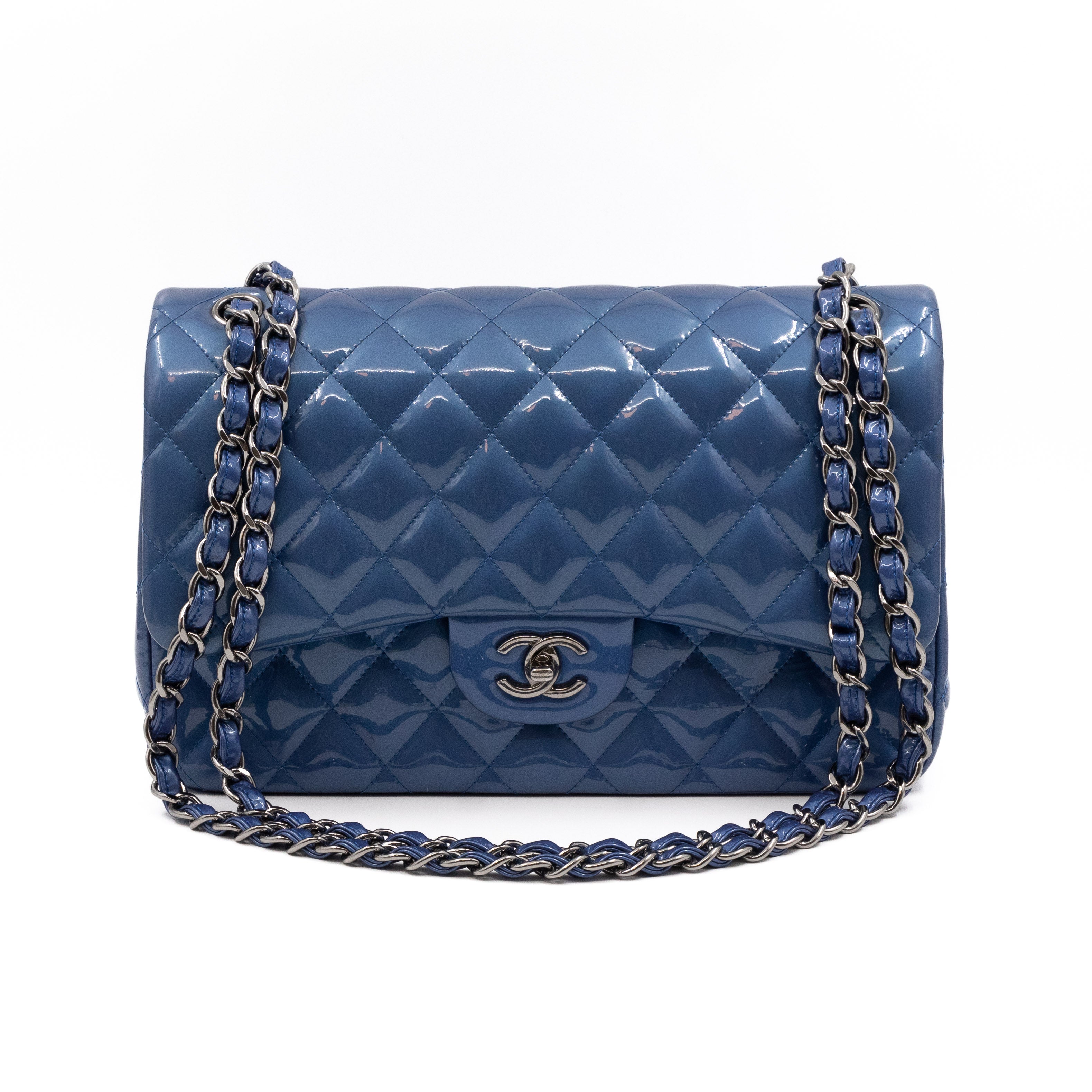 Classic Double Flap Jumbo Royal Blue Metallic Patent Leather