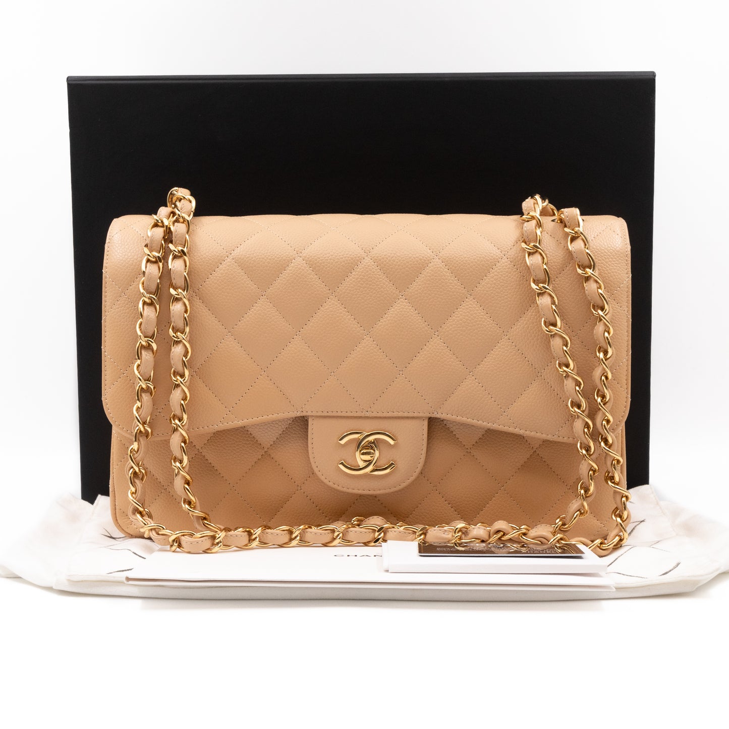 Classic Double Flap Jumbo Beige Caviar Gold