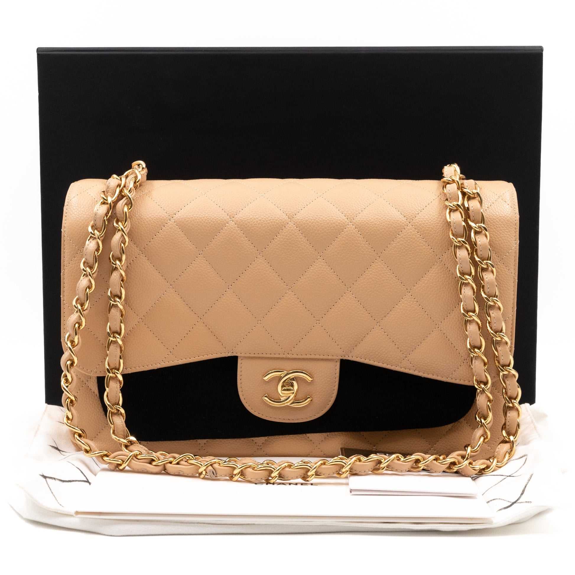 Chanel – Chanel Classic Double Flap Bag Jumbo Beige Caviar Gold