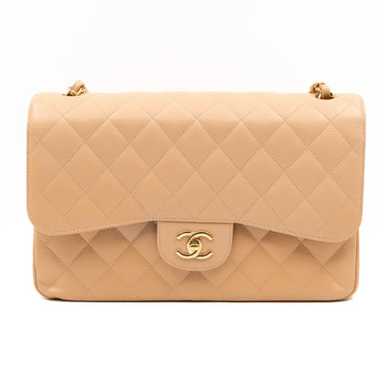 Classic Double Flap Jumbo Beige Caviar Gold