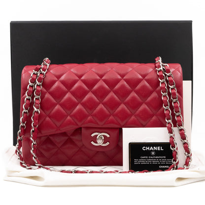 Classic Double Flap Jumbo Red Caviar Leather